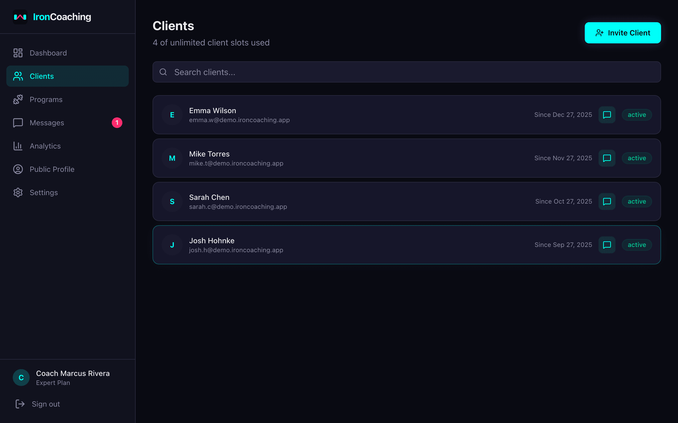 IronCoaching client management dashboard showing active coaching clients