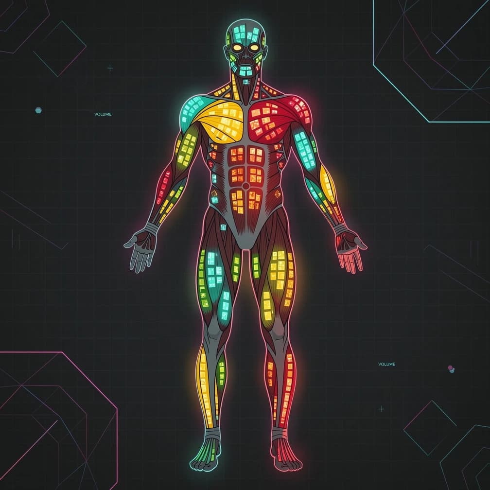 Training volume distribution heatmap showing muscle groups and workout frequency