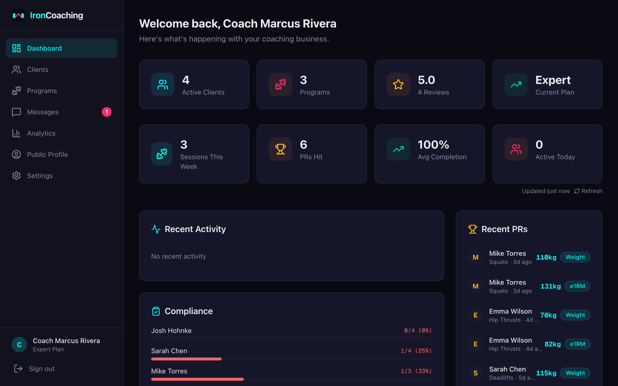 IronCoaching personal trainer dashboard with client overview and real-time data