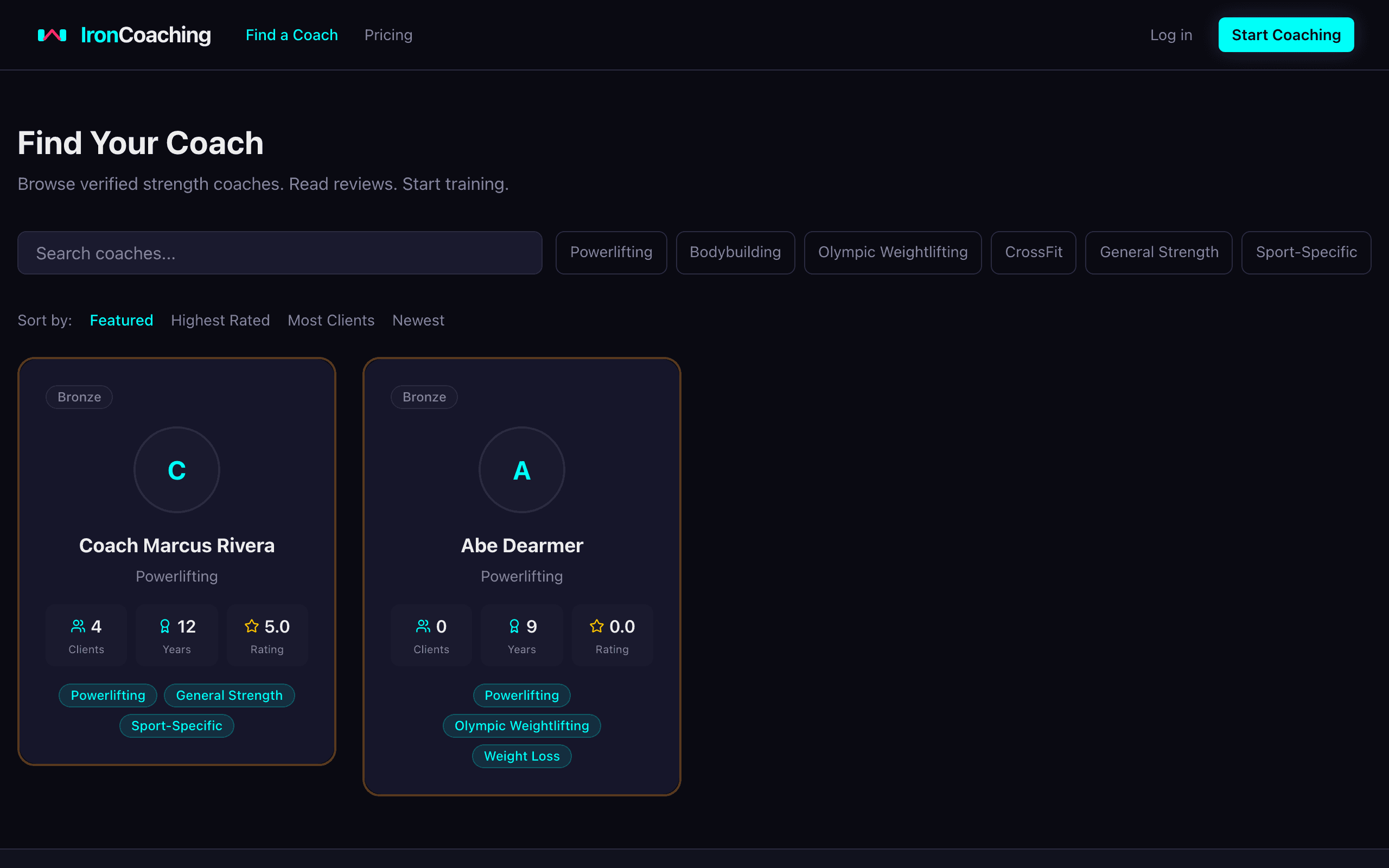 IronCoaching marketplace showing coach profiles with ratings and specialities