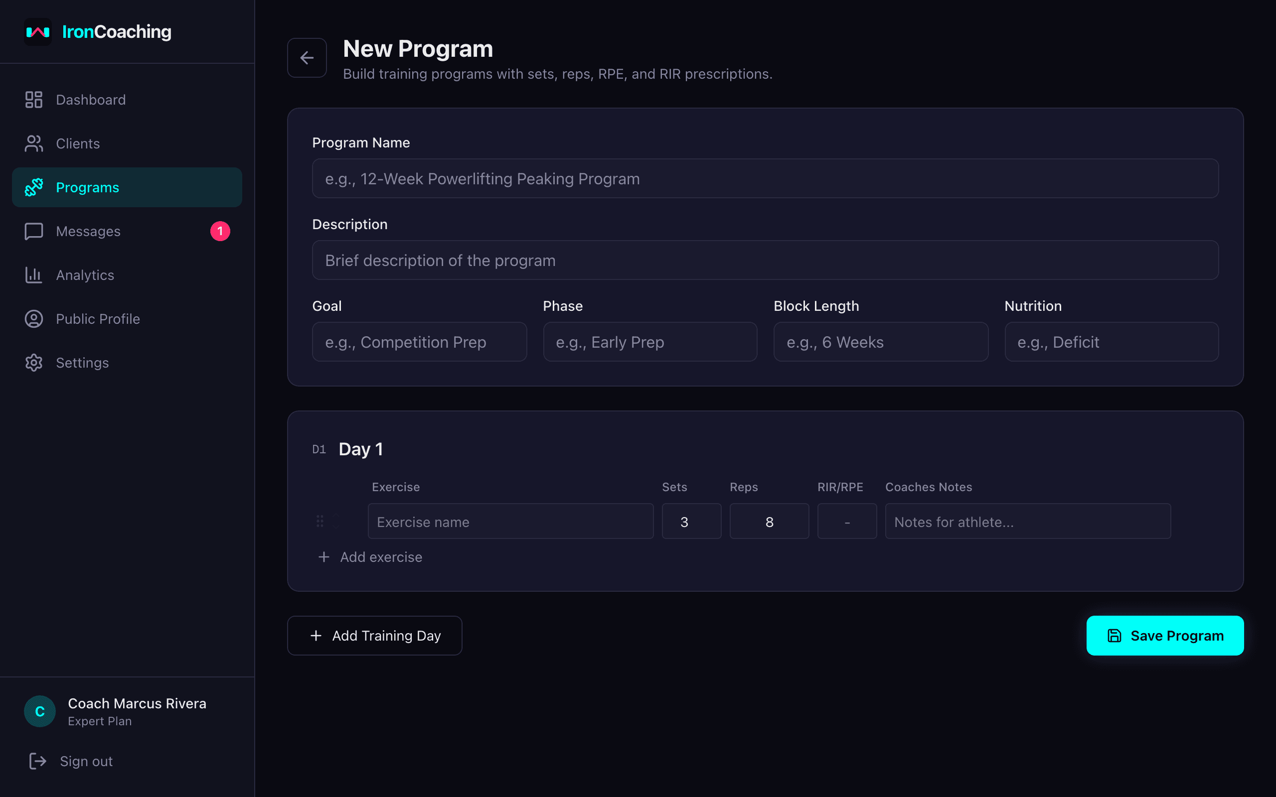 IronCoaching program builder with exercise table, sets, reps, and RPE fields